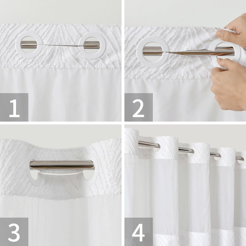 eachope No Hook Shower Curtain and Liner Set,No Hook Tufted Striped Textured Shower Curtain with Snap in Liner Replacement and Waterproof Fabric,Boho Style with See Through Top Window,White,71Wx74H - Image 5
